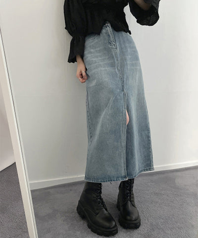 【 選べる４size／２color 】センタースリットハイウエストウォッシュデニムスカート