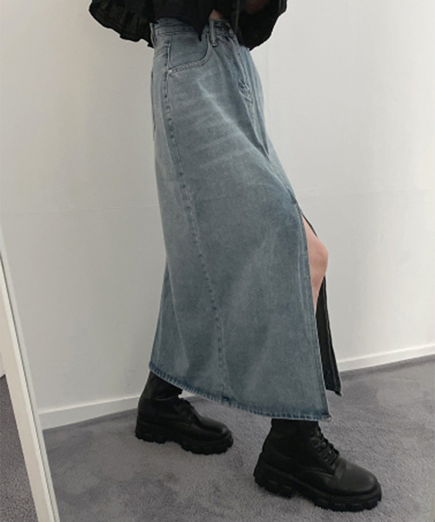 【 選べる４size／２color 】センタースリットハイウエストウォッシュデニムスカート