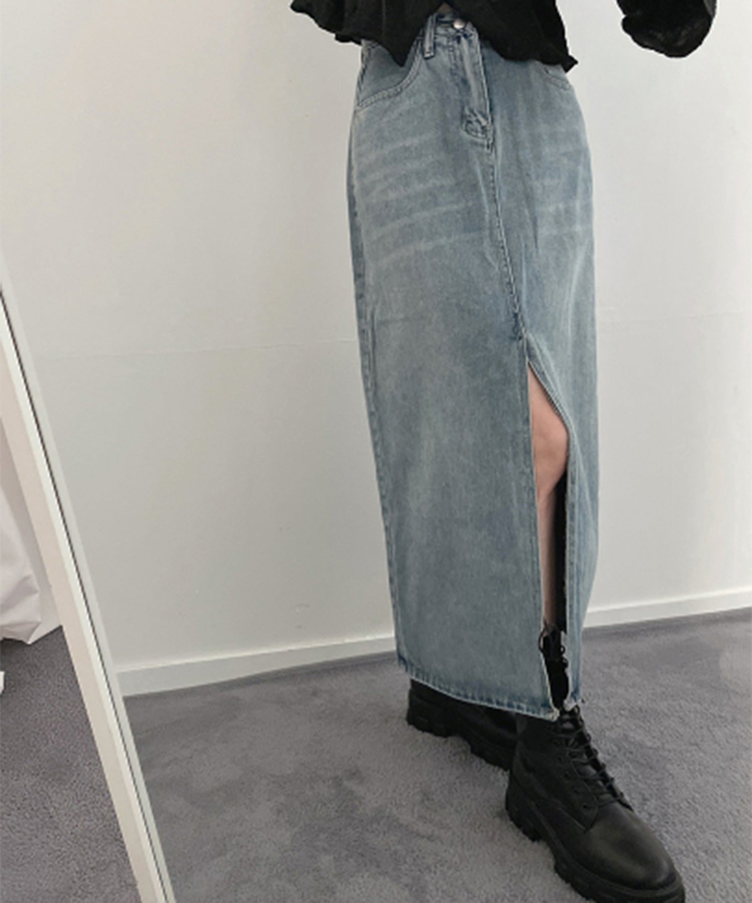 【 選べる４size／２color 】センタースリットハイウエストウォッシュデニムスカート