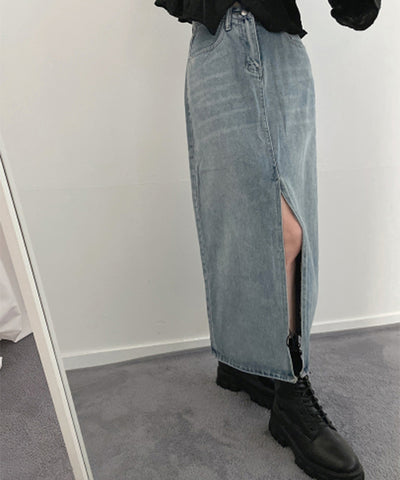 【 選べる４size／２color 】センタースリットハイウエストウォッシュデニムスカート