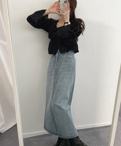 【 選べる４size／２color 】センタースリットハイウエストウォッシュデニムスカート