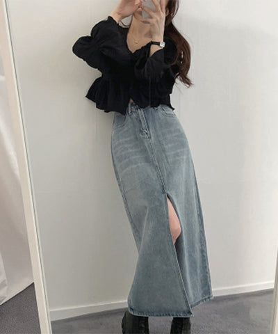 【 選べる４size／２color 】センタースリットハイウエストウォッシュデニムスカート