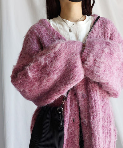 【 me+em select original 】ワイドスリーブシャギーボリュームニットカーディガン ／ wide sleeve shaggy volume knit cardigan
