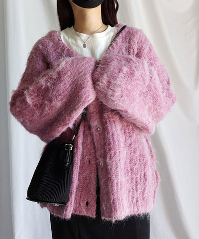 【 me+em select original 】ワイドスリーブシャギーボリュームニットカーディガン ／ wide sleeve shaggy volume knit cardigan