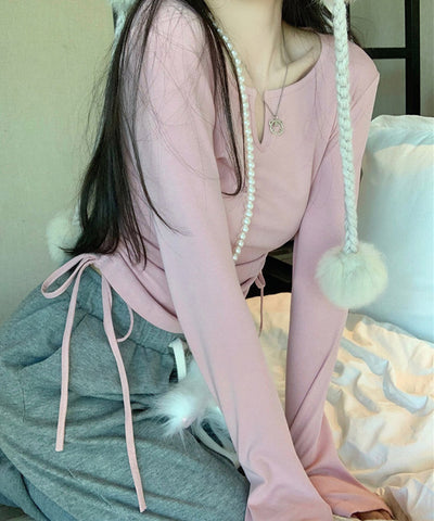 【 ９color 】サイドシャーリングリボンショートデザインＴシャツ