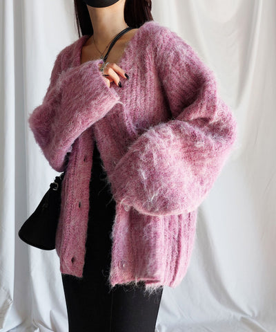 【 me+em select original 】ワイドスリーブシャギーボリュームニットカーディガン ／ wide sleeve shaggy volume knit cardigan
