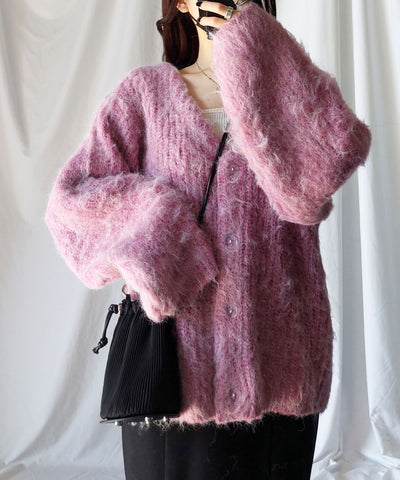【 me+em select original 】ワイドスリーブシャギーボリュームニットカーディガン ／ wide sleeve shaggy volume knit cardigan