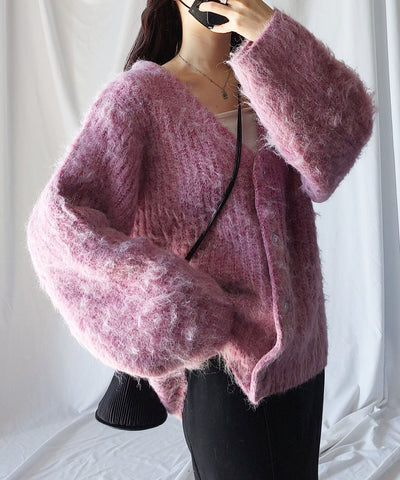 【 me+em select original 】ワイドスリーブシャギーボリュームニットカーディガン ／ wide sleeve shaggy volume knit cardigan