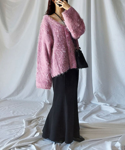 【 me+em select original 】ワイドスリーブシャギーボリュームニットカーディガン ／ wide sleeve shaggy volume knit cardigan