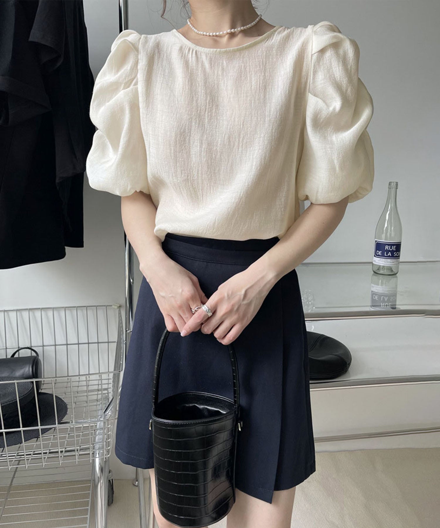 【 5color 】シャーリングパフスリーブグロッシーシアーブラウス