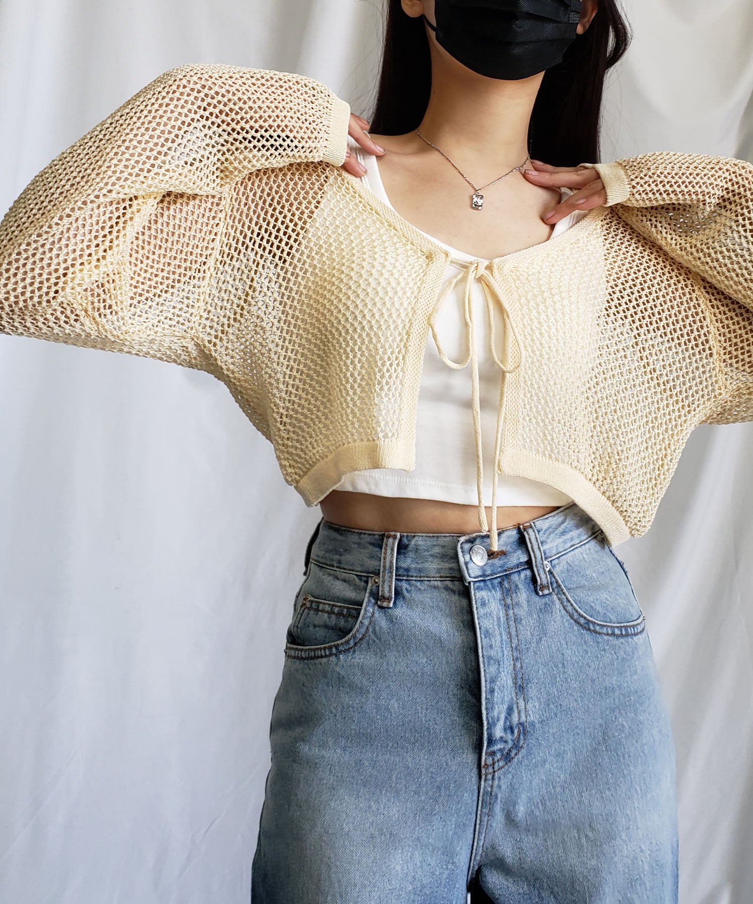 【 ２WAY／６color 】華奢リボンメッシュワイドショートカーディガン