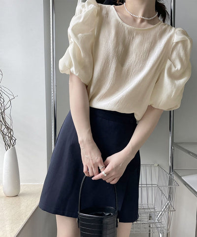 【 5color 】シャーリングパフスリーブグロッシーシアーブラウス