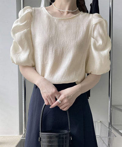 【 5color 】シャーリングパフスリーブグロッシーシアーブラウス