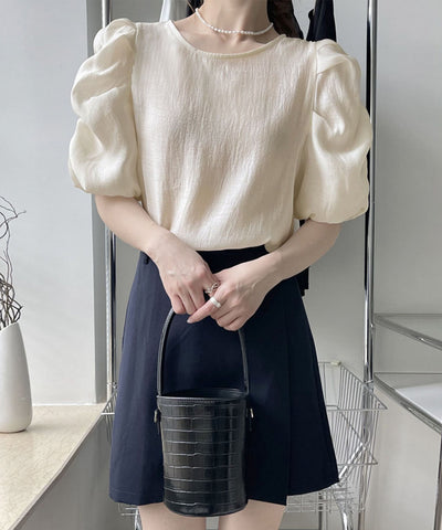 【 5color 】シャーリングパフスリーブグロッシーシアーブラウス