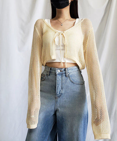 【 ２WAY／６color 】華奢リボンメッシュワイドショートカーディガン