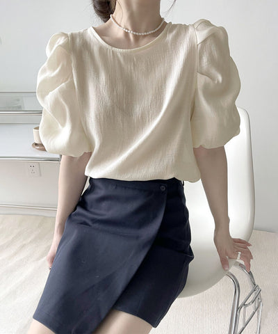 【 5color 】シャーリングパフスリーブグロッシーシアーブラウス