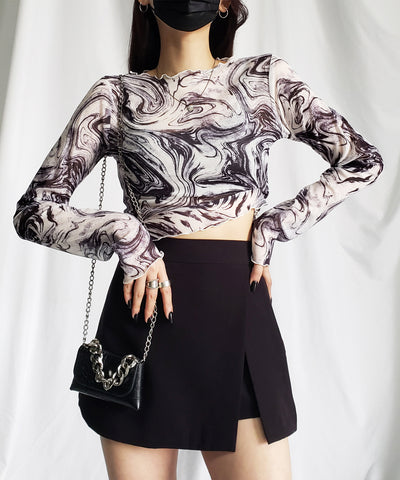 【 ５color 】総柄マーブルシアーメローショートトップス／ marble sheer mellow short tops