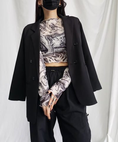 【 ５color 】総柄マーブルシアーメローショートトップス／ marble sheer mellow short tops