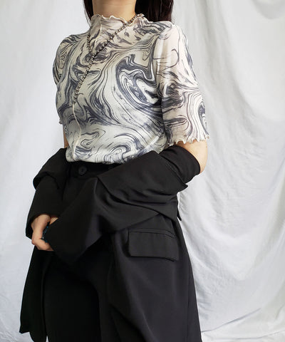 【 ７色展開 /２WAY 】総柄マーブルシアー半袖メロートップス 《マーブルトップスに半袖バージョンが登場！ 》