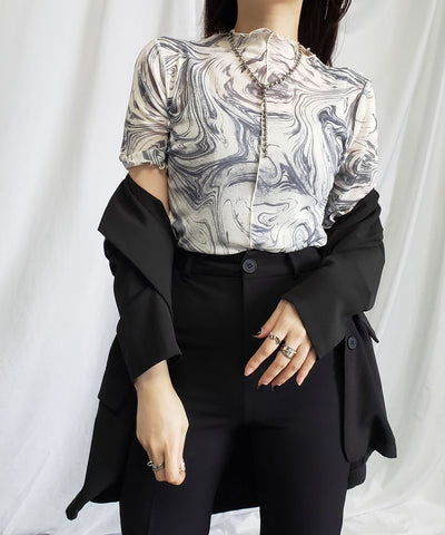 【 ７色展開 /２WAY 】総柄マーブルシアー半袖メロートップス 《マーブルトップスに半袖バージョンが登場！ 》