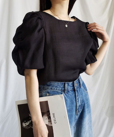 【 5color 】シャーリングパフスリーブグロッシーシアーブラウス