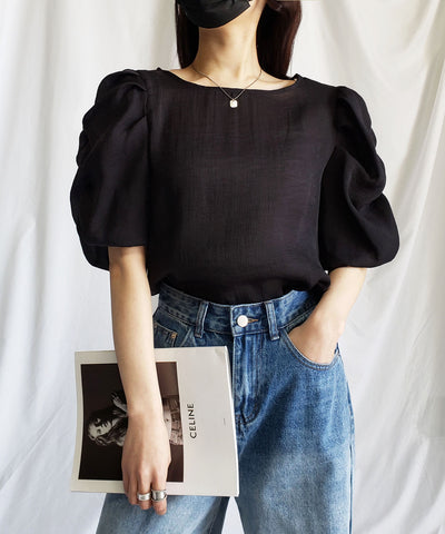 【 5color 】シャーリングパフスリーブグロッシーシアーブラウス
