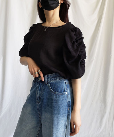 【 5color 】シャーリングパフスリーブグロッシーシアーブラウス