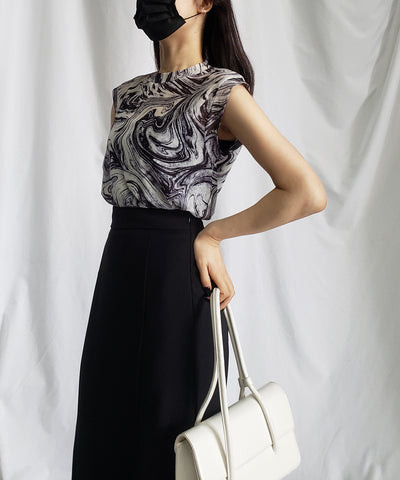【 ５color 】総柄マーブルシアースタンドノースリーブトップス ／ marble sheer stand nosleeve tops