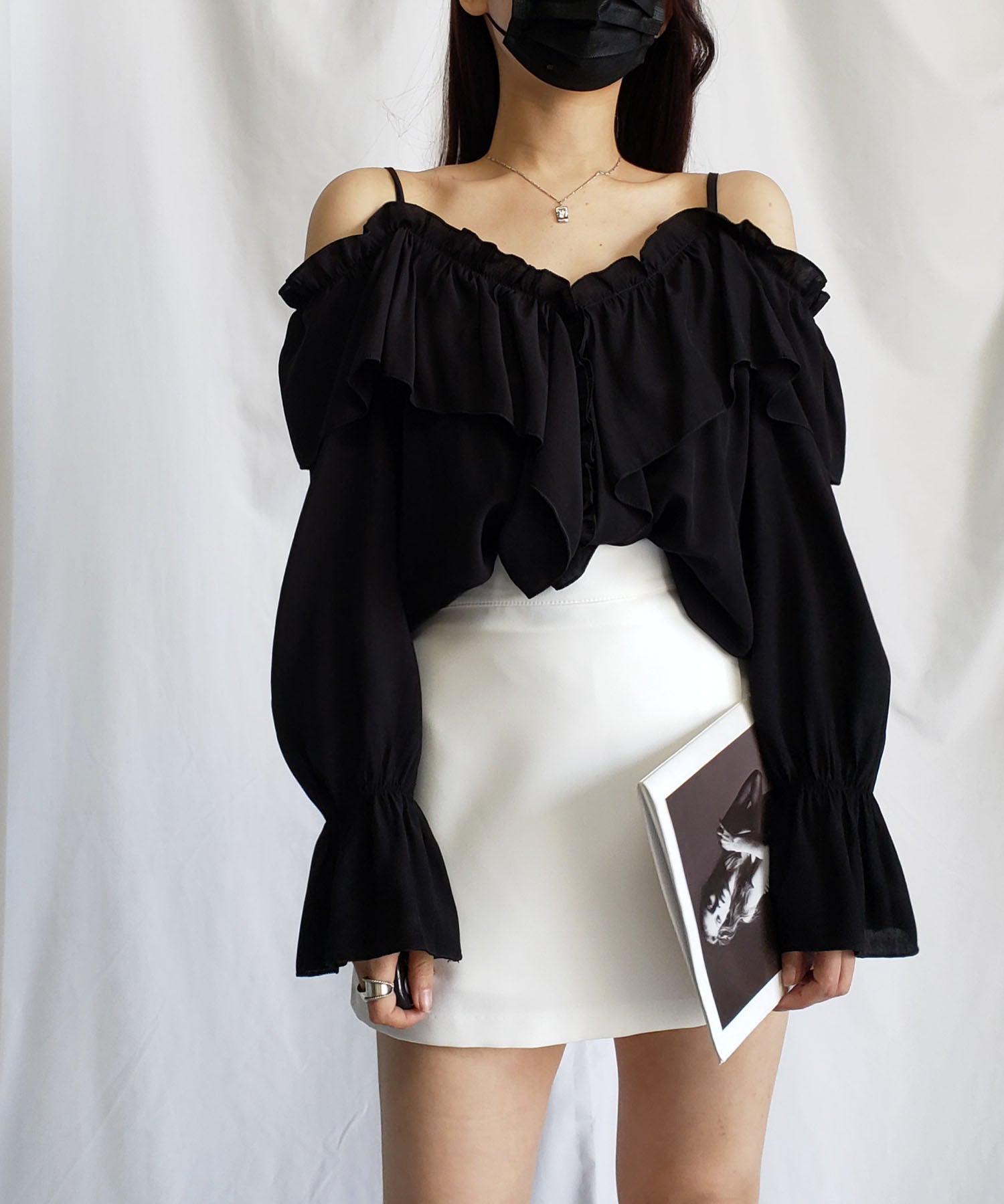 unspoken フリル ギャザー オフショルダー ブラウス ストライプ  