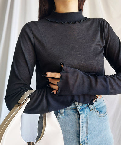 シアー切替プチハイネックメロートップス