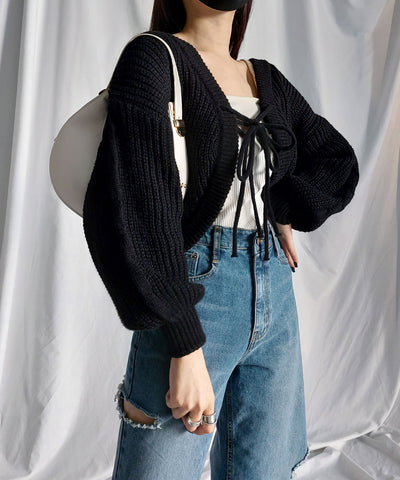 【 ５color 】フロントダブルリボンショートボレロカーディガン