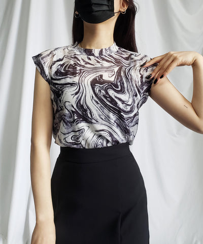 【 ５color 】総柄マーブルシアースタンドノースリーブトップス ／ marble sheer stand nosleeve tops