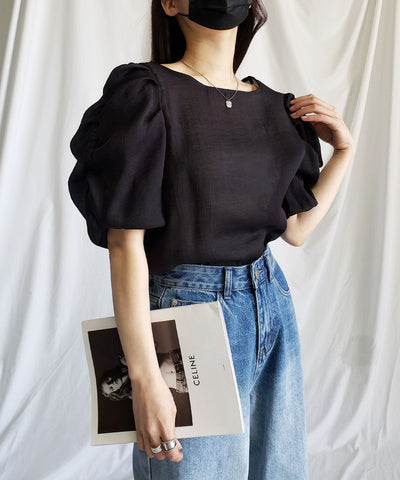 【 5color 】シャーリングパフスリーブグロッシーシアーブラウス