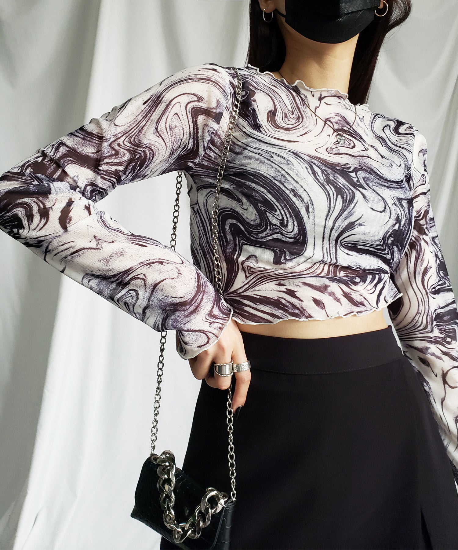 【 ５color 】総柄マーブルシアーメローショートトップス／ marble sheer mellow short tops