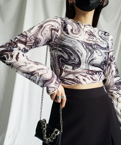 【 ５color 】総柄マーブルシアーメローショートトップス／ marble sheer mellow short tops