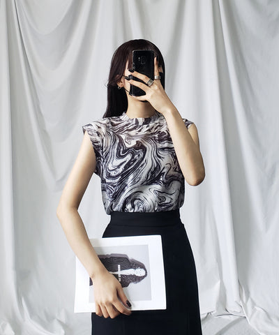 【 ５color 】総柄マーブルシアースタンドノースリーブトップス ／ marble sheer stand nosleeve tops
