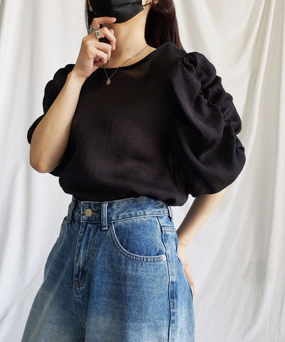 【 5color 】シャーリングパフスリーブグロッシーシアーブラウス