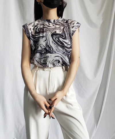 【 ５color 】総柄マーブルシアースタンドノースリーブトップス ／ marble sheer stand nosleeve tops