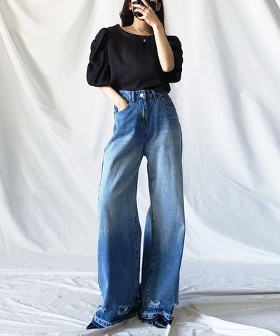 【 5color 】シャーリングパフスリーブグロッシーシアーブラウス