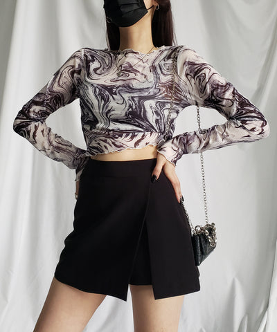 【 ５color 】総柄マーブルシアーメローショートトップス／ marble sheer mellow short tops