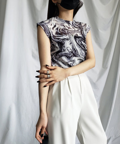 【 ５color 】総柄マーブルシアースタンドノースリーブトップス ／ marble sheer stand nosleeve tops