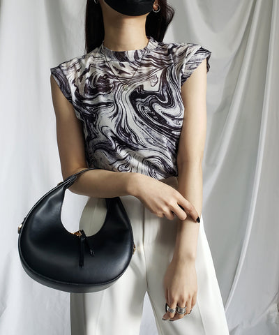 【 ５color 】総柄マーブルシアースタンドノースリーブトップス ／ marble sheer stand nosleeve tops