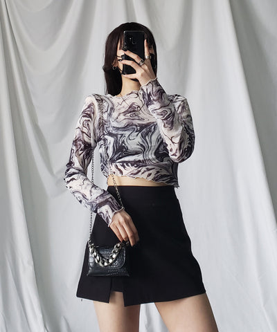 【 ５color 】総柄マーブルシアーメローショートトップス／ marble sheer mellow short tops