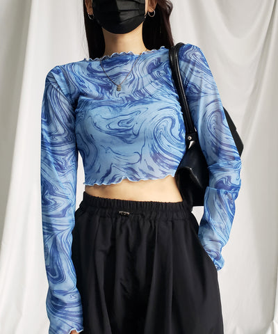 【 ５color 】総柄マーブルシアーメローショートトップス／ marble sheer mellow short tops