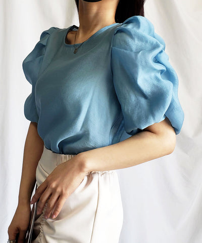 【 5color 】シャーリングパフスリーブグロッシーシアーブラウス