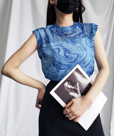 【 ５color 】総柄マーブルシアースタンドノースリーブトップス ／ marble sheer stand nosleeve tops