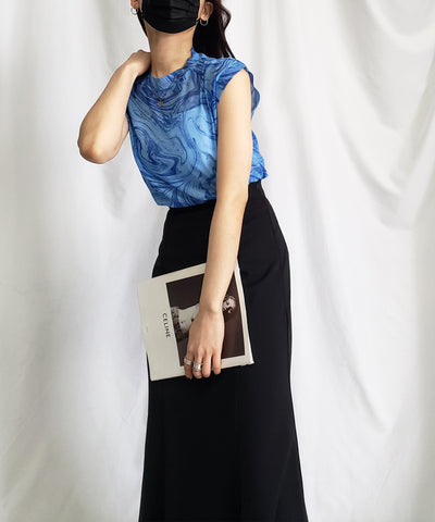 【 ５color 】総柄マーブルシアースタンドノースリーブトップス ／ marble sheer stand nosleeve tops