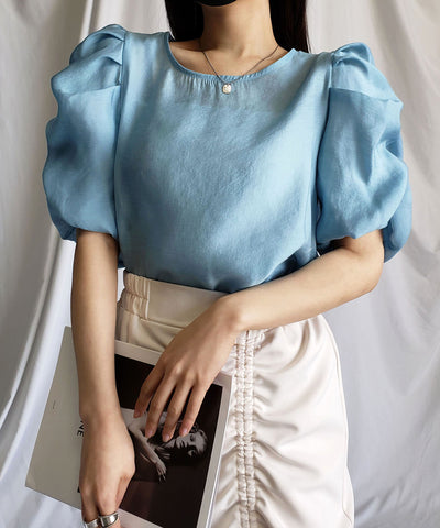 【 5color 】シャーリングパフスリーブグロッシーシアーブラウス