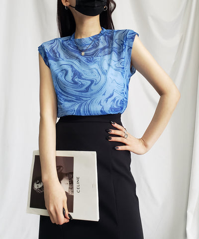 【 ５color 】総柄マーブルシアースタンドノースリーブトップス ／ marble sheer stand nosleeve tops