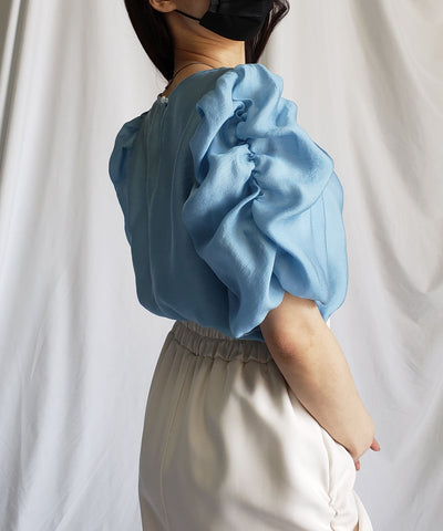 【 5color 】シャーリングパフスリーブグロッシーシアーブラウス